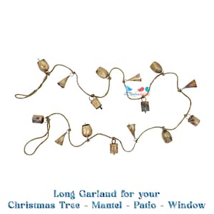 Front Porch Decor Christmas Bell Garland of Rustic Bells on Jute Rope, Holiday Patio Garden Outdoor Decoration House Warming Return Gift