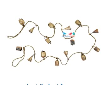 Front Porch Decor Christmas Bell Garland of Rustic Bells on Jute Rope, Patio Garden Outdoor Decoration Wind Chimes