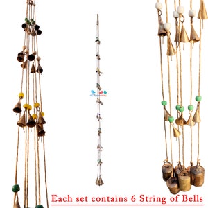 6 Doorway boho beaded curtains with glass beaded and rustic bells on jute twine, room divider curtains, Apartment Home Living Room Decor