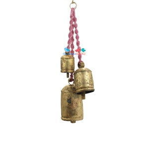 3 Large Rustic Christmas Decor Bells On Macrame Cord, Handmade antique cow bell with pink twine for Holiday Wreath Decor, Garden Outdoor