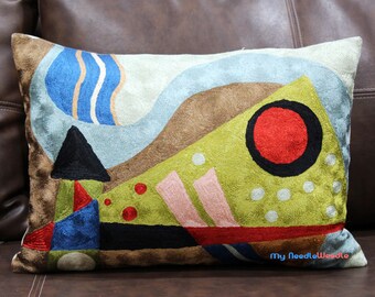 Blue Abstract Lumbar Pillow Cover, Silk Hand Embroidery Decorative Pillows, 14 X 20 Inch