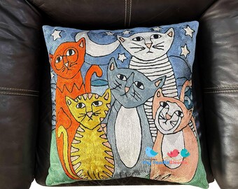 モダンアート猫ファミリークッションカバー、シルク刺繍アクセント