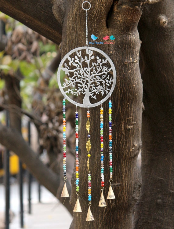 Capteur de soleil à carillon éolien Tree of Life, cloches en métal argenté  avec perles de verre arc-en-ciel Déco intérieure/extérieure/Patio -   France