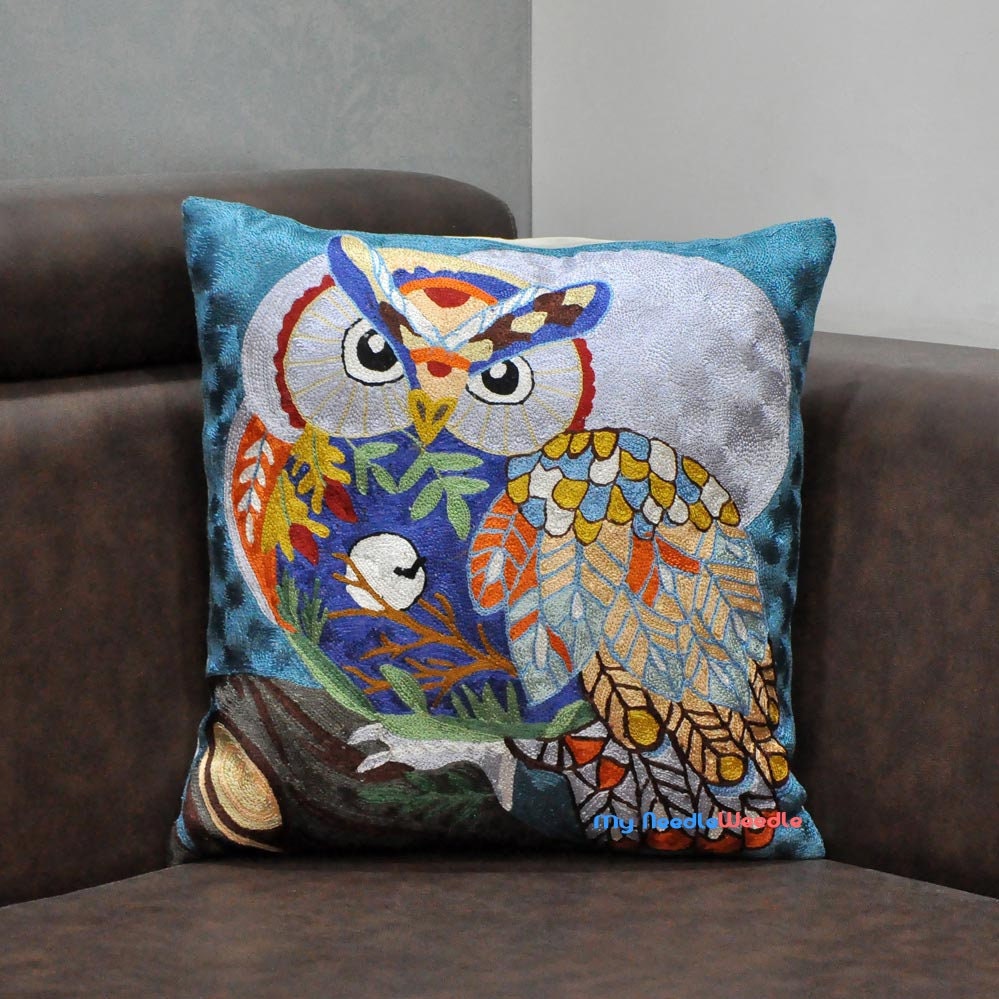 Blue Lucky Owl Embroidered Throw Pillow Cover | Modern Art Decorative Cushion Covers | Silk Embroide