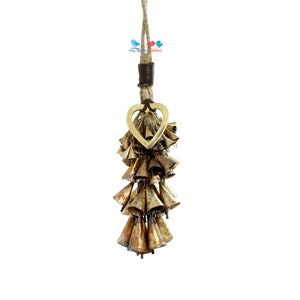 Hanging Heart Rustic Witch Bells Door Hangers Cluster, 92 Gold Cone Bells on Jute & Leather, protection boho bells with brass charms