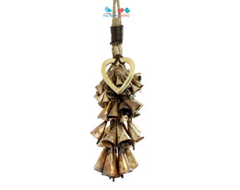 Hanging Heart Rustic Witch Bells Door Hangers, 92 Gold Cone Bells on Jute & Leather, protection boho bells with brass charms