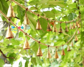 Pair Rustic Bell Mantle Garland Wind chime, 12 Cone bells 1.75" Perfect Boho Decor Door hanging, Garden Outdoor Patio Decor