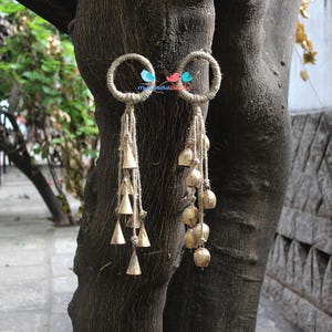 2 Rustic Witch Bells Door Hanger, Pet Protection Bells, 7 Gold Bells on Hemp Twine, Boho Witches Bells