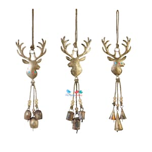 Rustic Reindeer Christmas Hanging Bells, Set of 3 for Indoor Outdoor Ornaments Holiday Decor, Door Hanger decorative bells