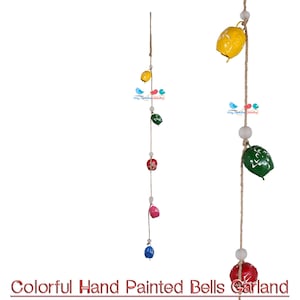 Colorful Garden Outdoor Decor Garland, Hand Painted Metal Bells Glass Beads Hanging Bells, Front Door Patio Porch Backyard Decoration