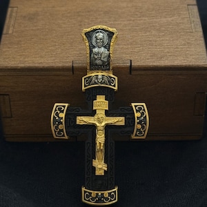 Designer 925 sterling silver Orthodox cross pendant incrusted of ebony wood depicting faces of the saints  (accessories,gifts)