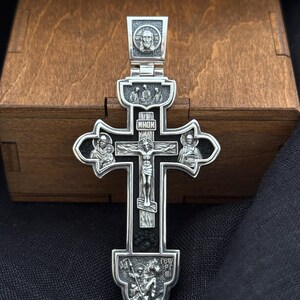 Designer 925 sterling silver Orthodox cross pendant incrusted of ebony wood depicting faces of the saints  (accessories,gifts)