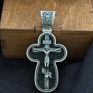 Designer 925 sterling silver Orthodox cross pendant incrusted of ebony wood depicting faces of the saints  (accessories,gifts)
