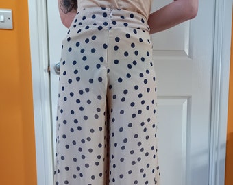 Vintage Womens 80s Beige Polka Dot Flare Trousers Size 8