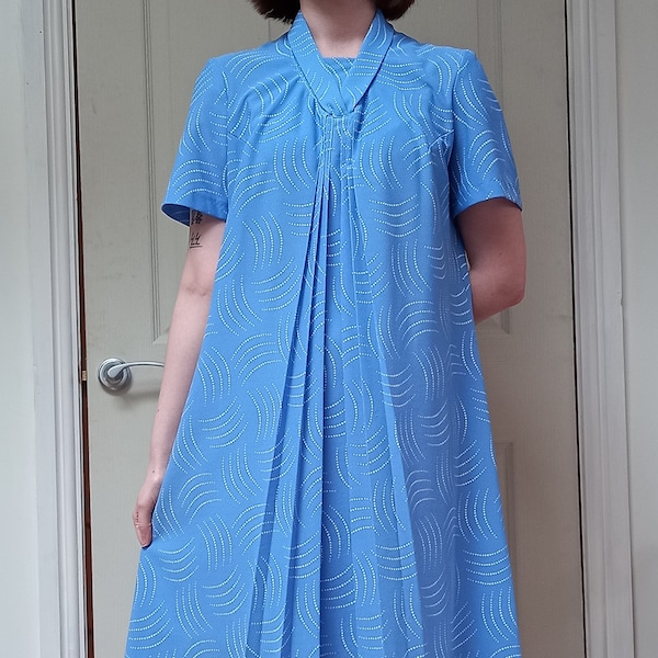 Vintage Womens 70s Norman Linton Blue Day Dress Size 14