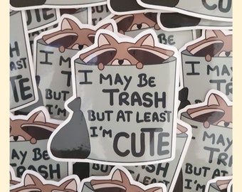 Cute Vinyl sticker -  '' I May Be Trash But At Least I'm Cute '' Racoon