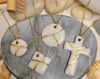 Kintsugi Necklace Porcelain with 24 karat gold leaf on base (Customisable)