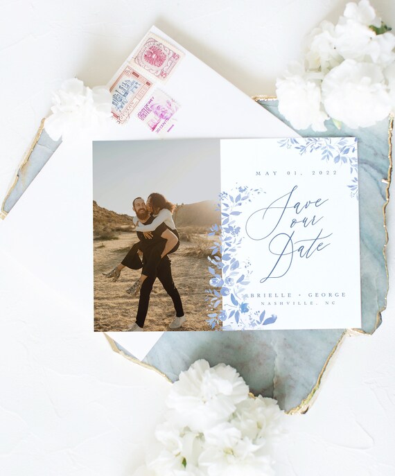 PRINTED Wedding Save the Dates Classic Elegant Modern Minimalist Floral Watercolor Pretty in Periwinkle Save the Dates