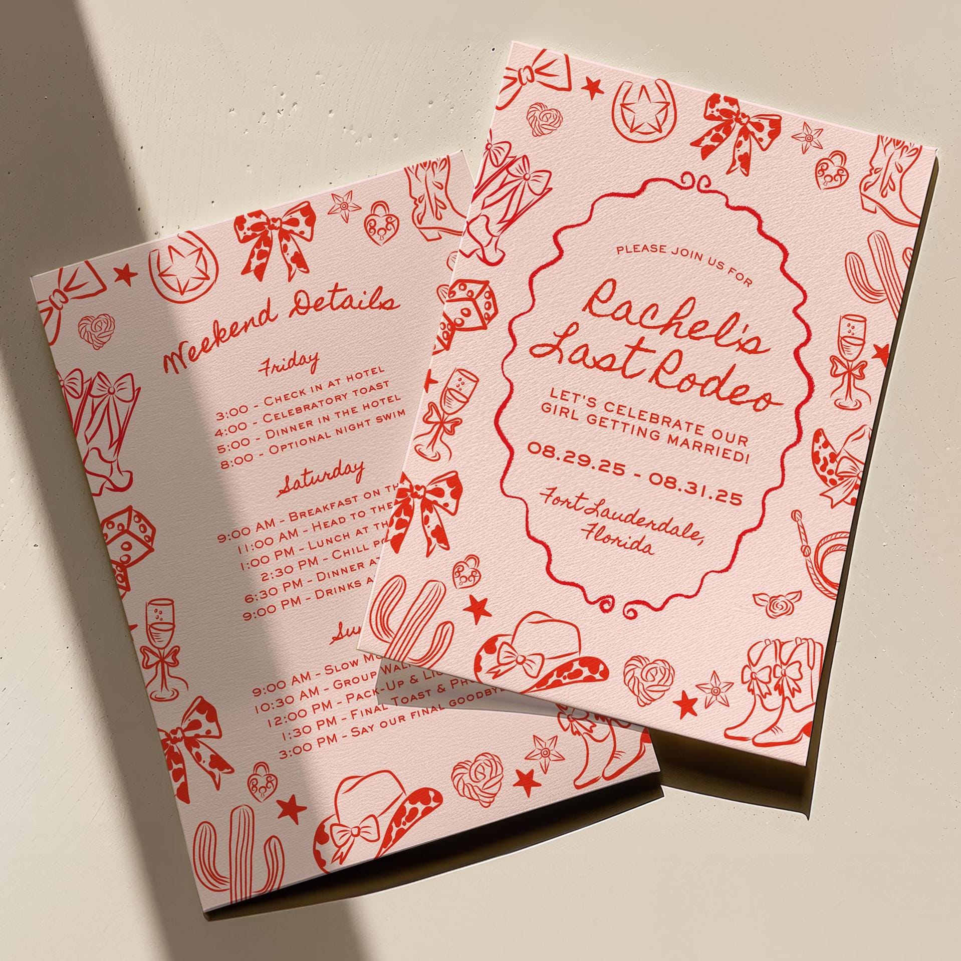 Last Rodeo Bachelorette Invitation & Itinerary Template | Editable Corjl Digital Invite | Hand Drawn Cowgirl Western Theme | Pink and Red