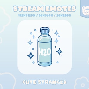 Puede incluir: Una botella de agua de dibujos animados azul con una tapa blanca y el texto "H2O" en la etiqueta. La botella está rodeada de estrellas blancas sobre un fondo blanco.