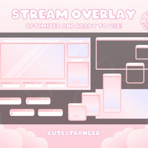 Könnte beinhalten: Rosa-weißes Stream-Overlay-Design mit dem Text "STREAM OVERLAY" und "OPTIMIZED AND READY TO USE!". Das Design umfasst mehrere fensterartige Elemente mit Herz-, Stern- und Dollarsymbolen. Das Logo "CUTESTRANGER" ist ebenfalls sichtbar.