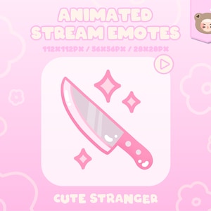 Pode incluir: Emote animado do Twitch com uma faca rosa com uma lâmina branca e um cabo rosa. A faca está cercada por estrelas rosa. O texto "Cute Stranger" está abaixo da faca.