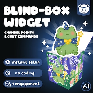 May include: A digital graphic advertising a "Blind-Box Widget" featuring a cartoon frog wizard. The box design includes the text "Blind Box" and "6 to Collect." Additional text includes "Channel Points & Chat Commands," "instant setup," "no coding," and "+ engagement."