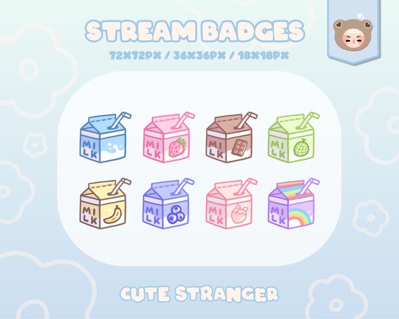 Peut inclure: Un ensemble de huit badges de carton de lait de dessin anim&eacute; avec diff&eacute;rentes garnitures de fruits et de desserts. Les badges sont de diff&eacute;rentes couleurs pastel et sont &eacute;tiquet&eacute;s "MILK".
