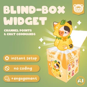 Può includere: Immagine promozionale per un "Blind-Box Widget" con un personaggio di gatto dei cartoni animati in un completo giallo. L'immagine include il testo "Channel Points & Chat Commands", "instant setup", "no coding" e "+ engagement". La scatola è aperta, rivelando il gatto.