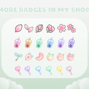 Peut inclure: Un ensemble de 18 badges num&eacute;riques color&eacute;s repr&eacute;sentant des fleurs de cerisier, du th&eacute; &agrave; bulles, des p&ecirc;ches et des sucettes. Le texte "MORE BADGES IN MY SHOP!" est en haut de l'image.