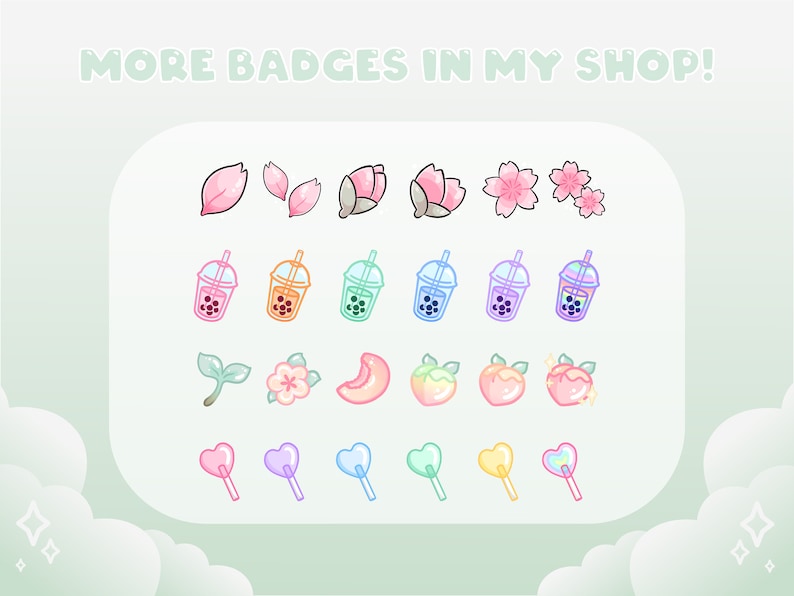 Peut inclure: Un ensemble de 18 badges num&eacute;riques color&eacute;s repr&eacute;sentant des fleurs de cerisier, du th&eacute; &agrave; bulles, des p&ecirc;ches et des sucettes. Le texte "MORE BADGES IN MY SHOP!" est en haut de l'image.