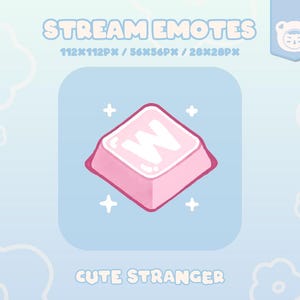Puede incluir: Una tecla de teclado rosa y blanca con la letra "W" en ella. La tecla está rodeada de estrellas blancas sobre un fondo azul claro. También se puede ver el texto "STREAM EMOTES" y "CUTE STRANGER".