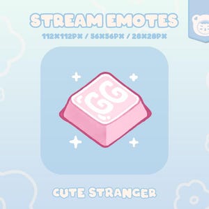 Op de afbeelding: Een roze en witte cartoon-toetsenbordtoets met de letters GG in wit op een roze achtergrond. De toets is omringd door witte sterren op een lichtblauwe achtergrond. De tekst "STREAM EMOTES" en "CUTE STRANGER" is ook zichtbaar.