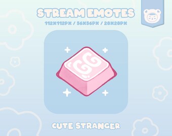 May include: A pink and white cartoon keyboard key with the letters GG in white on a pink background. The key is surrounded by white stars on a light blue background. The text "STREAM EMOTES" and "CUTE STRANGER" are also visible.