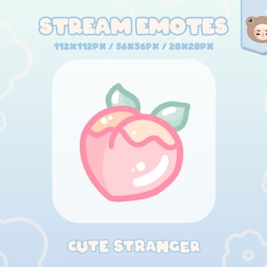 May include: A pink peach emoji with a green leaf on top. The peach is outlined in black and has a white highlight on the bottom. The background is light blue with white flower outlines.