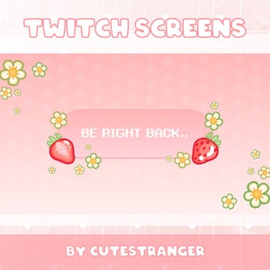 Può includere: Sovraimpressione dello schermo Twitch rosa con un bordo bianco e il testo "TWITCH SCREENS" in alto. La sovrapposizione ha uno sfondo rosa con un gradiente bianco in basso. Il testo "BE RIGHT BACK..." è in una casella bianca con un bordo rosa. Ci sono fragole e fiori bianchi su entrambi i lati del testo. Il testo "BY CUTESTRANGER" è in basso sulla sovrapposizione.