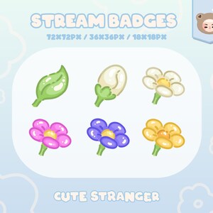 Puede incluir: Conjunto de seis ilustraciones lindas de flores y hojas para insignias de transmisión de Twitch. Las insignias presentan una flor blanca, una flor morada, una flor amarilla, una flor rosa, una hoja verde y un capullo blanco.
