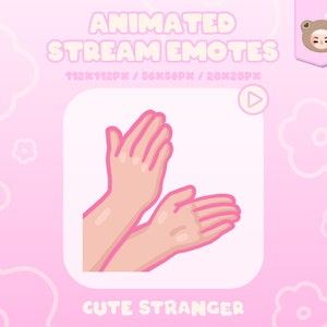 Peut inclure: Émoticône animée de mains qui applaudissent avec une peau rose et un contour rose. L'émoticône est sur un fond blanc avec une bordure rose. Le texte "CUTE STRANGER" est sous l'émoticône.