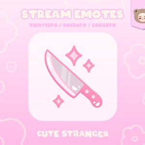 May include: A pink square with a white background contains a cartoon image of a knife with a pink handle and sparkles. The text "STREAM EMOTES" is at the top of the image in a pink font. The text "CUTE STRANGER" is at the bottom of the image in a pink font.