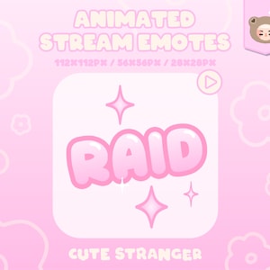 Könnte beinhalten: Animiertes Twitch-Raid-Emote mit dem Wort "RAID" in rosa Blasenbuchstaben auf rosa Hintergrund mit weißem Umriss. Das Emote hat zwei weiße Sterne auf beiden Seiten des Wortes "RAID".