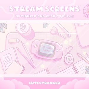 May include: A pink and white digital illustration of a desk with a handheld game console, a notebook, a pencil, a can of soda, and a small electronic pet. The game console screen reads "be right back..." and the illustration is surrounded by a pink and white cloud border. The text "CUTESTRANGER" is at the bottom of the image.