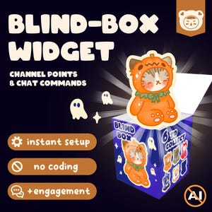 Op de afbeelding: Illustratie die een "Blind-Box Widget" promoot met een cartoonkat in een pompoenkostuum. De afbeelding bevat tekst voor "Channel Points & Chat Commands", "instant setup", "no coding" en "+ engagement". Een doosontwerp toont "6 to collect".