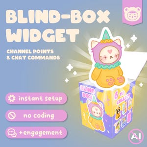 May include: A cartoon illustration promoting a blind box widget. The image features a yellow and purple box with a cat character and the text "BLIND BOX". Additional text includes "instant setup", "no coding", and "+ engagement".