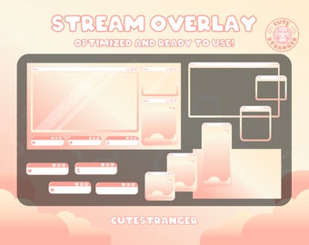 May include: A pink and white gradient stream overlay with a cloud background and multiple browser windows. The text "STREAM OVERLAY" is at the top of the image. The text "OPTIMIZED AND READY TO USE!" is below the title. The text "CUTESTRANGER" is at the bottom of the image.