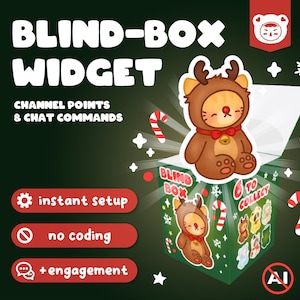 May include: Illustration of a blind box widget with a cat character in a reindeer costume. The box is green with candy canes and snowflakes. Text includes "BLIND-BOX WIDGET" and "CHANNEL POINTS & CHAT COMMANDS".