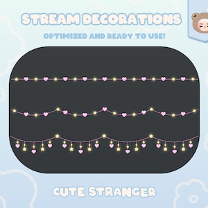 May include: Three sets of pink heart and yellow star string lights on a black background. The text "STREAM DECORATIONS" and "OPTIMIZED AND READY TO USE!" is at the top of the image. The text "CUTE STRANGER" is at the bottom of the image.