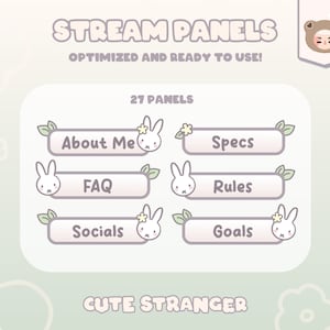 Op de afbeelding: Een set van 27 aanpasbare Twitch-streampanelen met een schattig konijnenontwerp. De panelen bevatten secties voor "Over mij", "Specificaties", "FAQ", "Regels", "Social Media" en "Doelen".