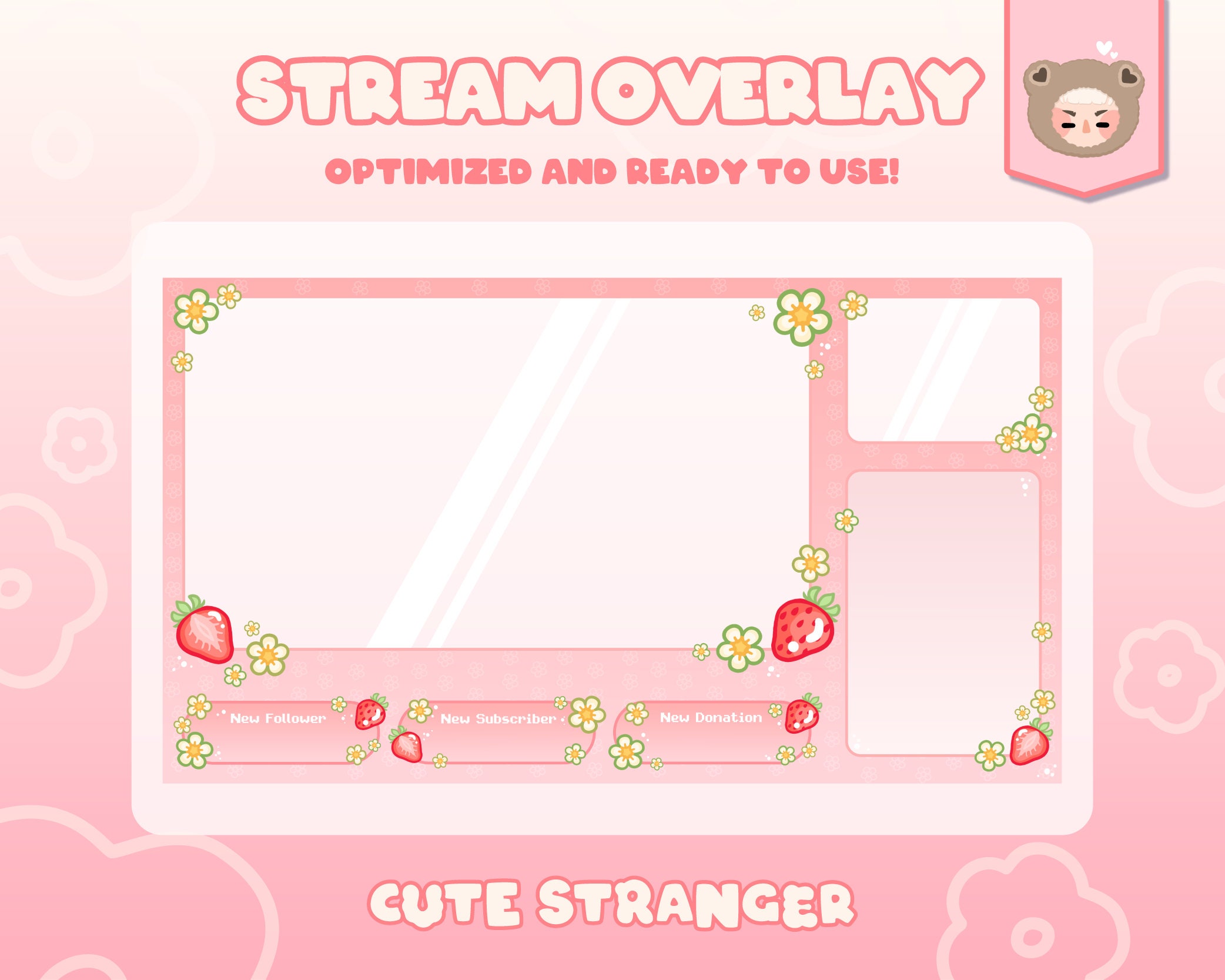 3 LAYOUTS STRAWBERRY Twitch Overlay / Stream Graphics / Cute / Streamer / Sparkle / Pink / Pastel / Aesthetic
