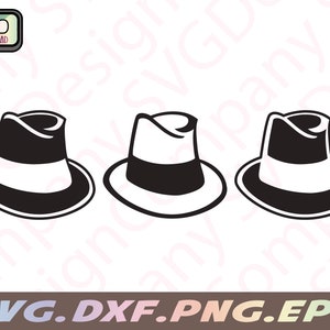 May include: Three black and white fedora hats with a thin white band around the crown. The hats are all facing forward.