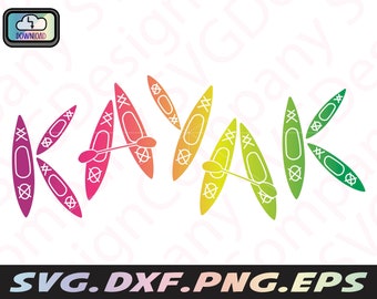 May include: A colorful graphic design of the word "KAYAK" with each letter made up of multiple stylized kayaks with paddles. The kayaks are in shades of pink, red, orange, yellow, green, and blue.